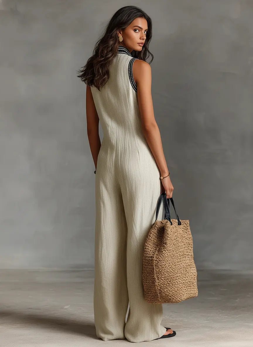 Amelia | Women's Embroidered Linen Sleeveless Jumpsuit-MODAUTLET