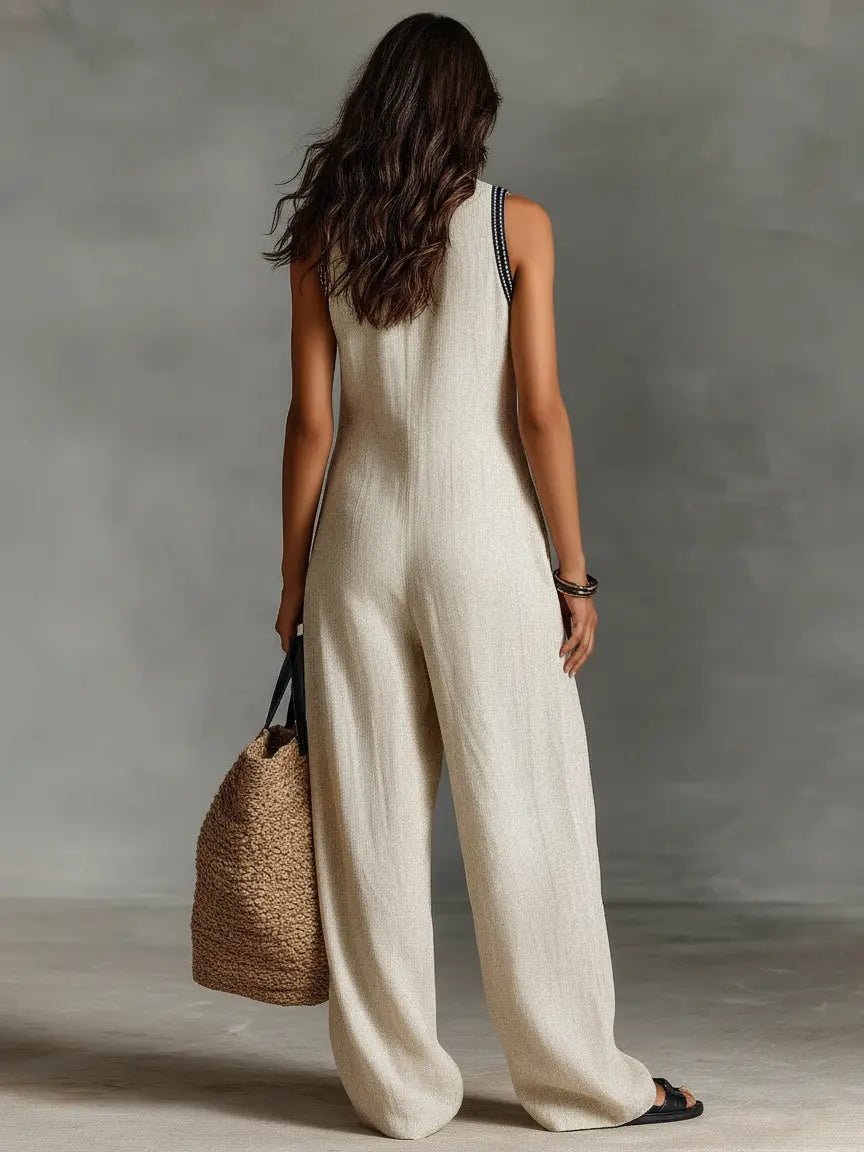 Amelia | Women's Embroidered Linen Sleeveless Jumpsuit-MODAUTLET
