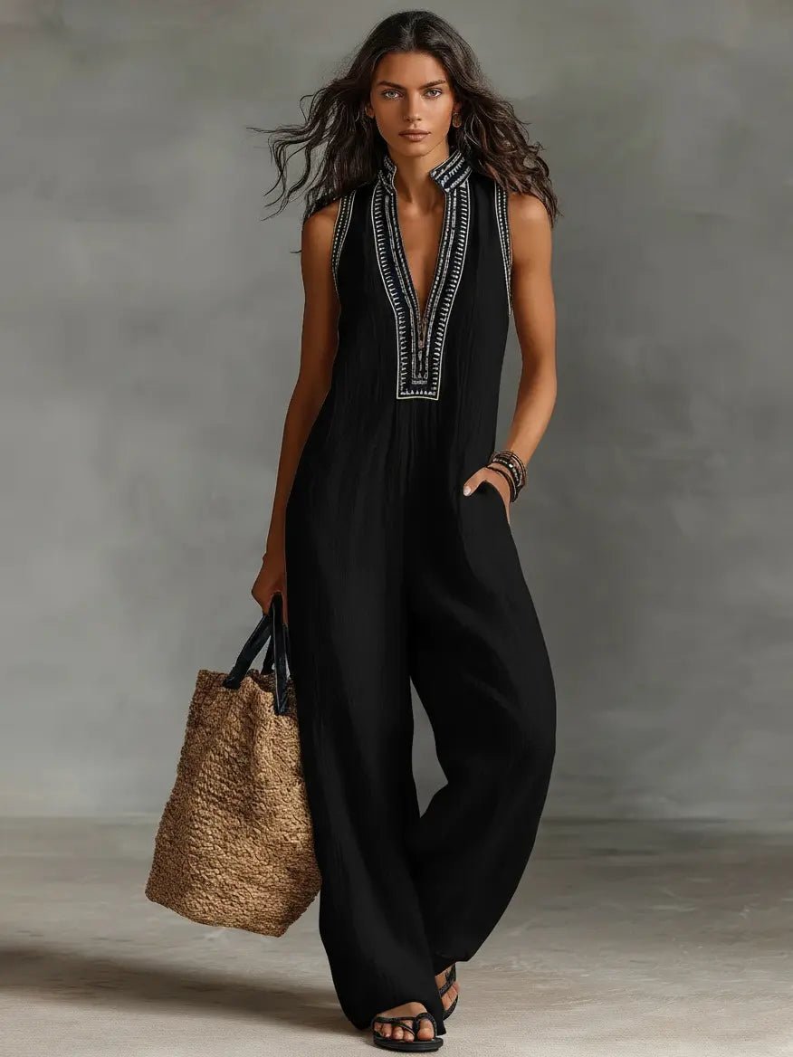 Amelia | Women's Embroidered Linen Sleeveless Jumpsuit-MODAUTLET
