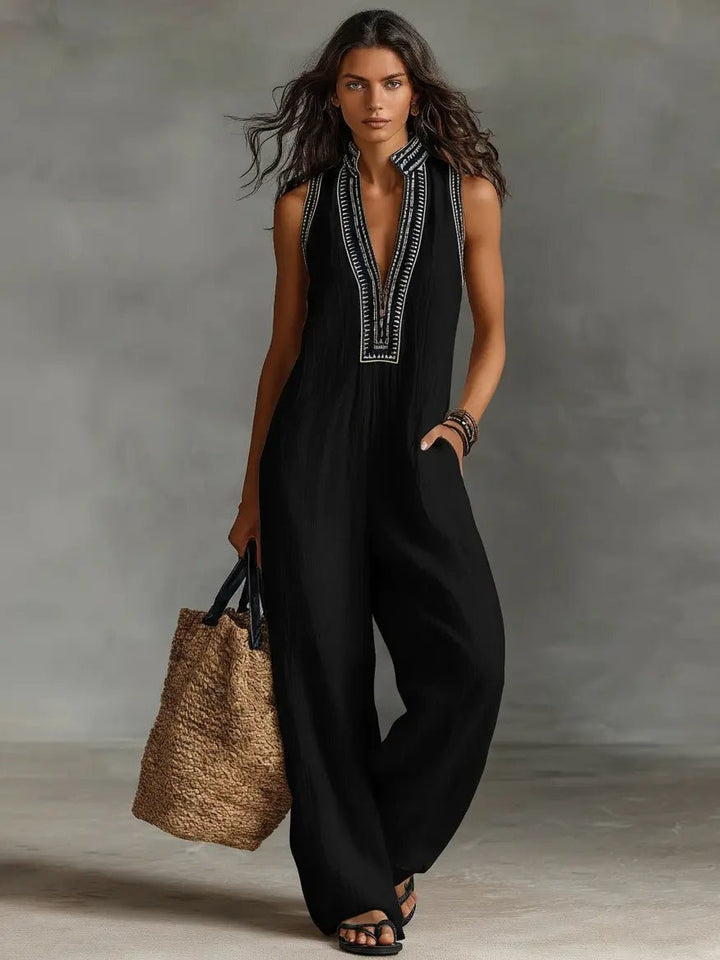 Amelia | Women's Embroidered Linen Sleeveless Jumpsuit-MODAUTLET