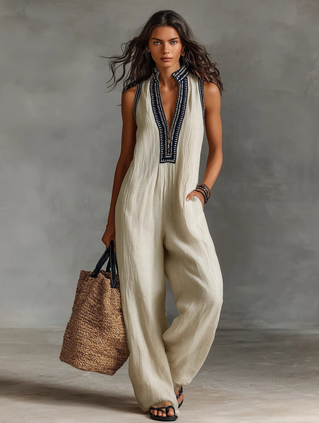 Amelia | Women's Embroidered Linen Sleeveless Jumpsuit-MODAUTLET