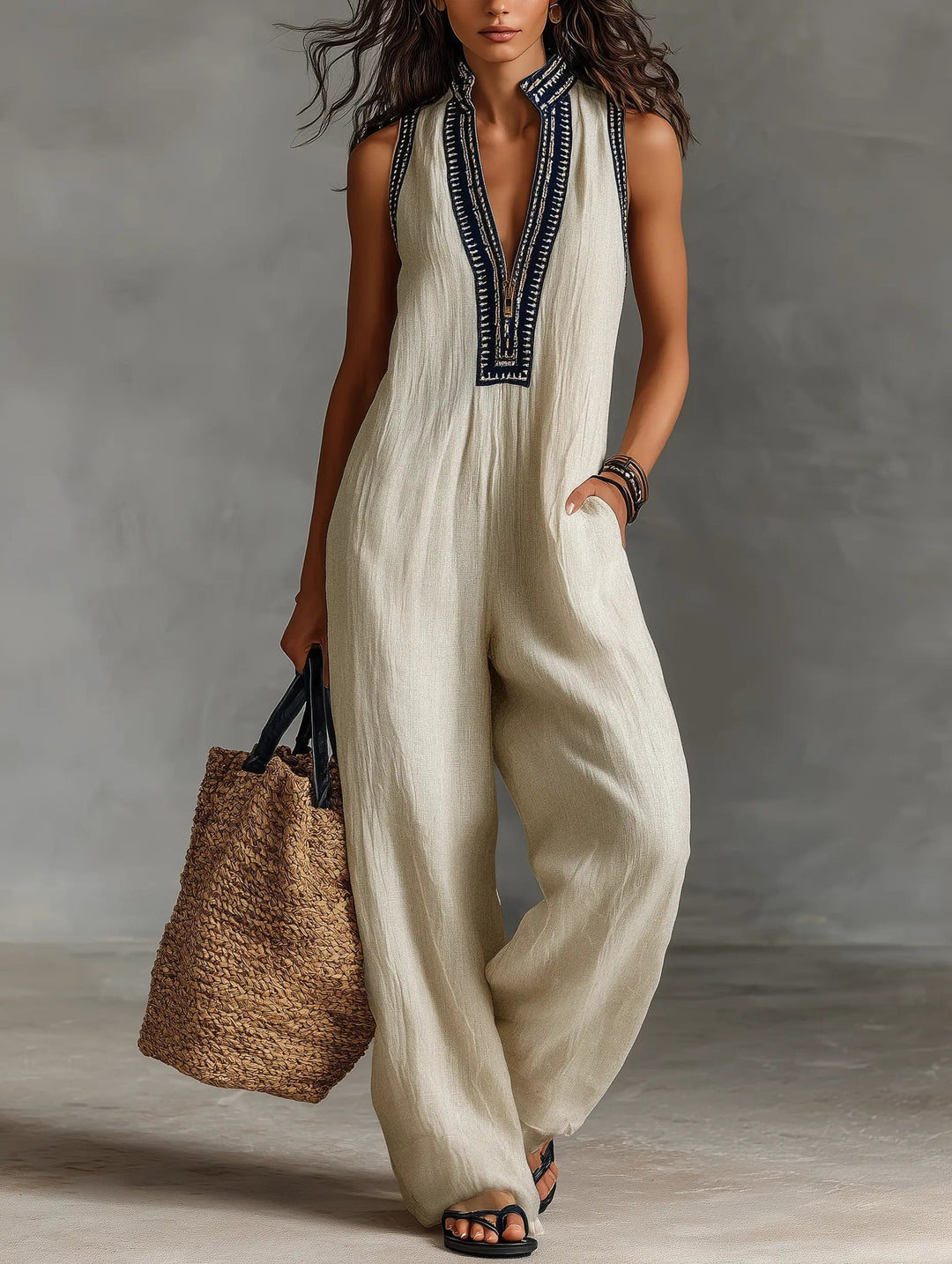 Amelia | Women's Embroidered Linen Sleeveless Jumpsuit-MODAUTLET