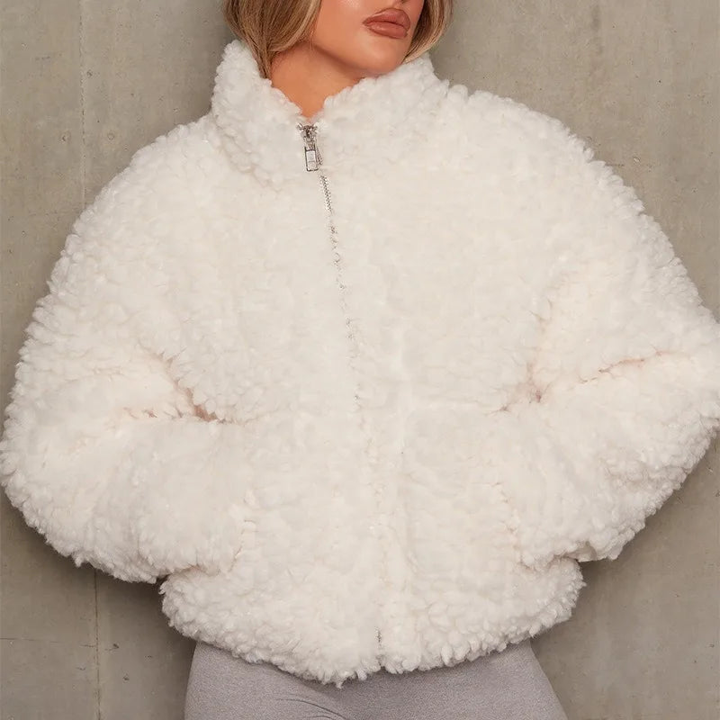 Amira Cropped Teddy Jacket White