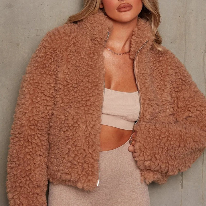 Amira Cropped Teddy Jacket Brown