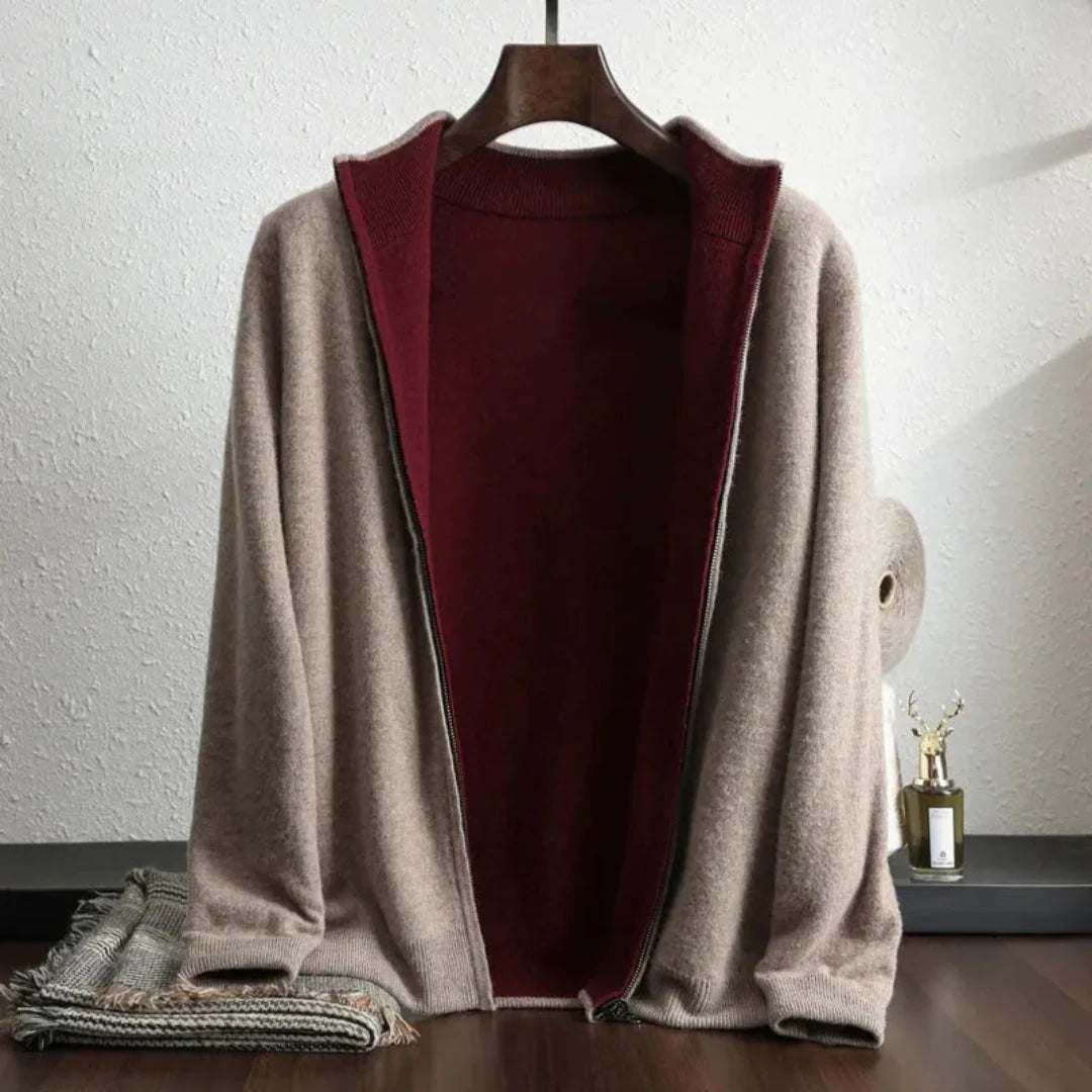 Men's Wool Zip-Up Cardigan Camel-Burgundy