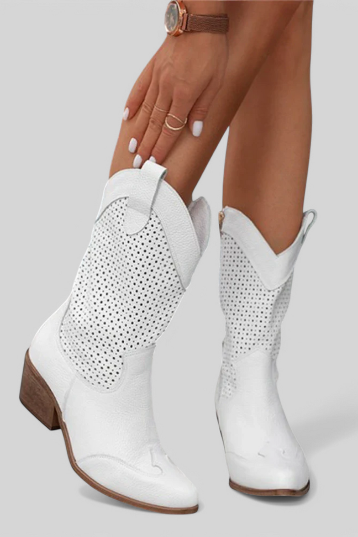 Anna Modern Cowboy Boots with Side Zip Breathable Comfort White