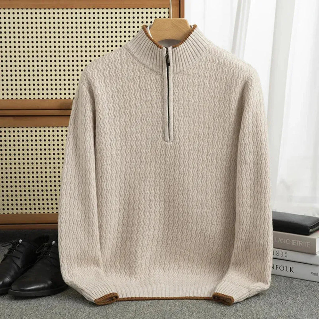 Half-Zip Textured Knit Sweater for Men Beige