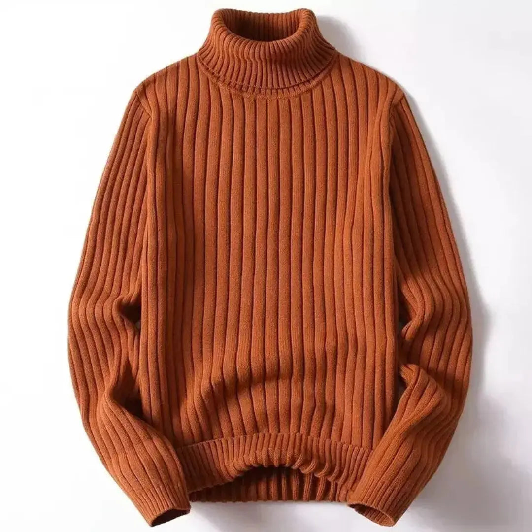 Ribbed Knit Turtleneck Sweater for Women Brown