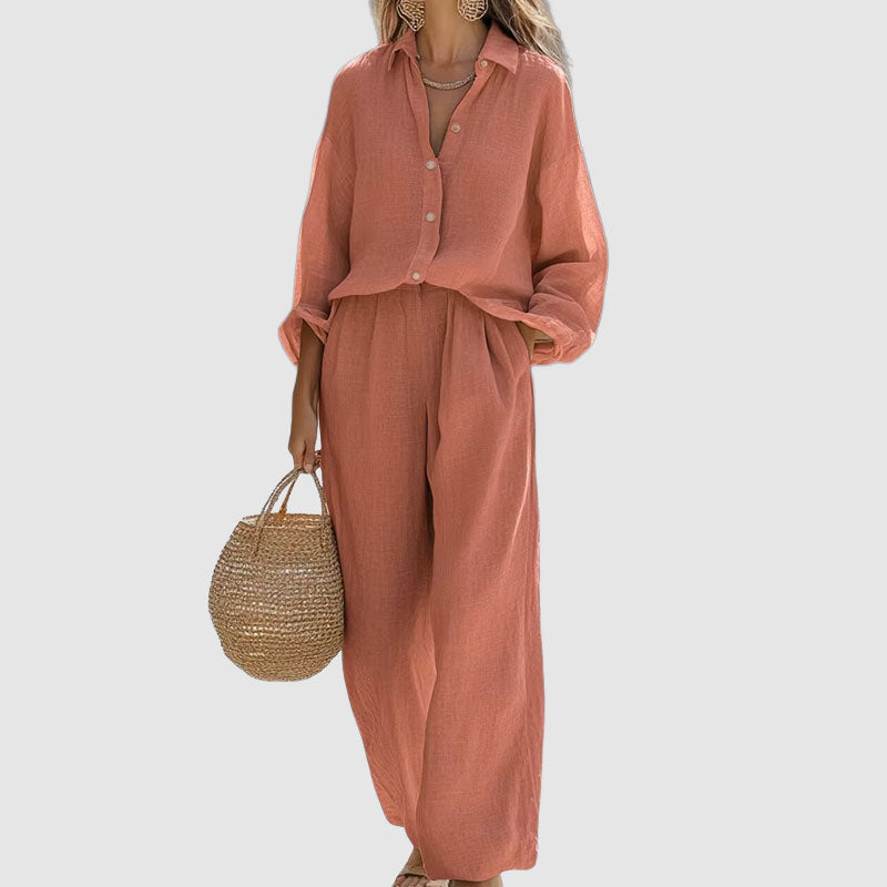 Athena | Women's Linen Button-Down Shirt and Wide-Leg Outfit-MODAUTLET