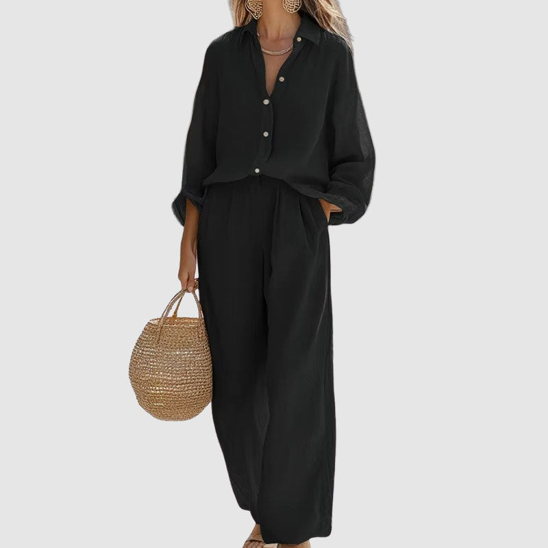 Athena | Women's Linen Button-Down Shirt and Wide-Leg Outfit-MODAUTLET