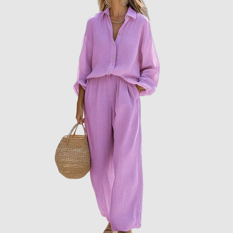 Athena | Women's Linen Button-Down Shirt and Wide-Leg Outfit-MODAUTLET