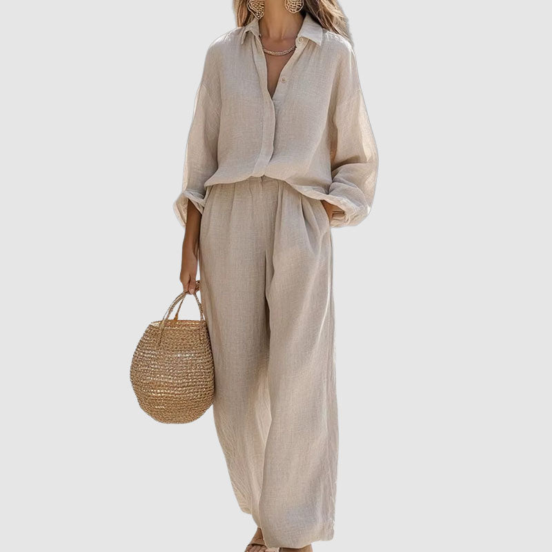 Athena | Women's Linen Button-Down Shirt and Wide-Leg Outfit-MODAUTLET
