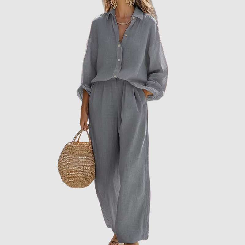 Athena | Women's Linen Button-Down Shirt and Wide-Leg Outfit-MODAUTLET