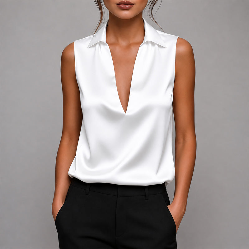 Audrey | Women's Satin Sleeveless V-Neck Top-MODAUTLET