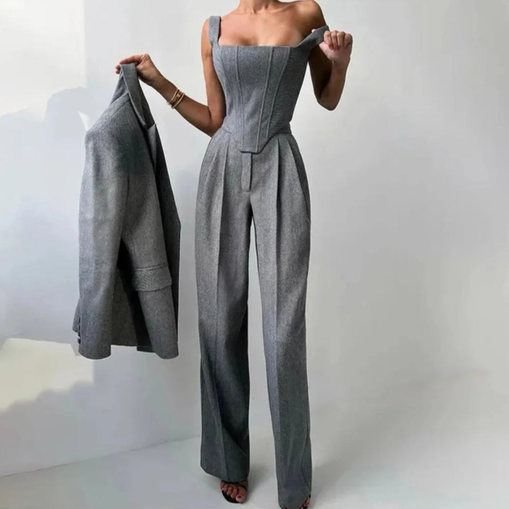 3-Piece Tailored Corset Pant Suit Set Gray
