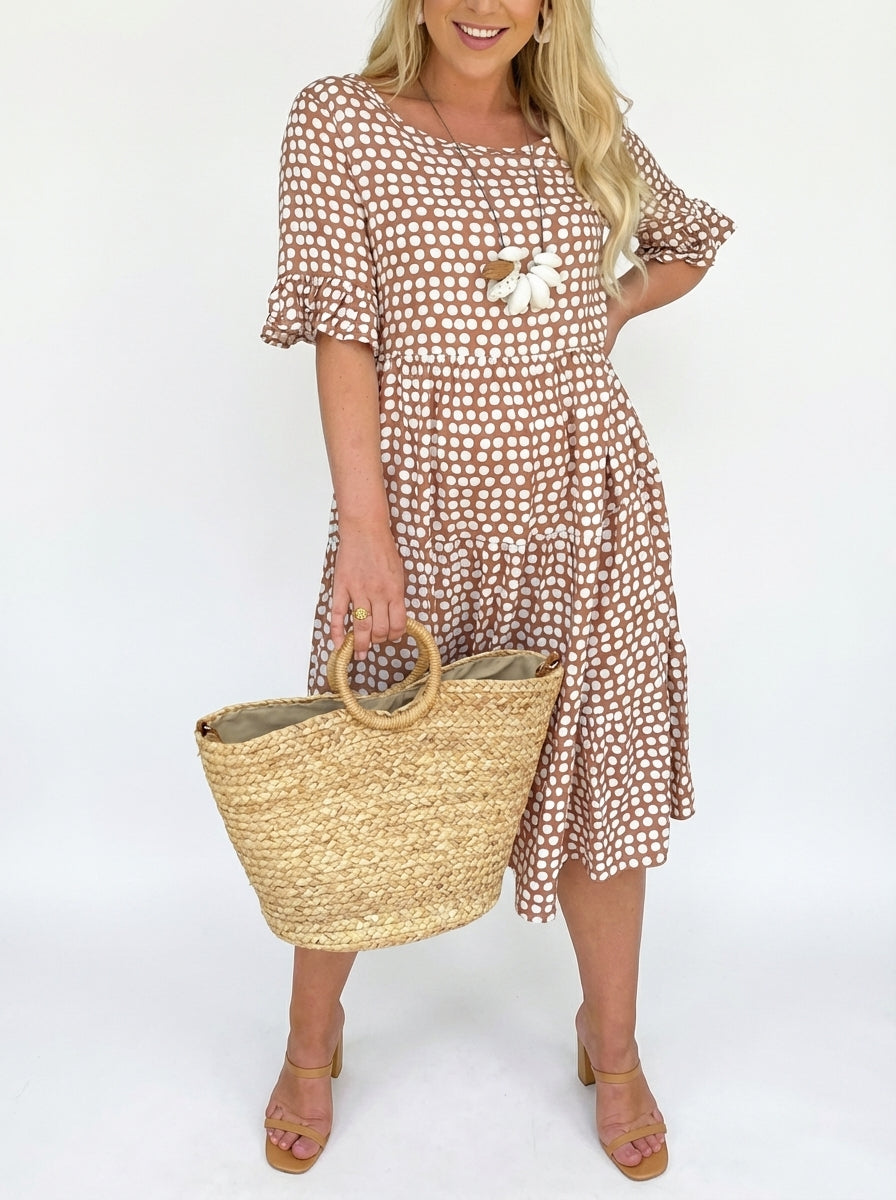 Ava | Women's Polka Dot Midi A-Line Summer Dress Brown