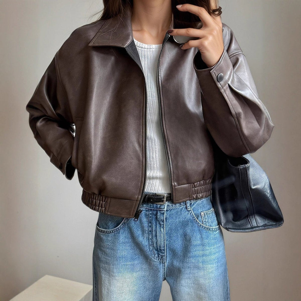 Ava | Women's Zip-Up Faux Leather Bomber Jacket with Elastic Hem-MODAUTLET