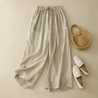 High-Waist Drawstring Wide-Leg Linen Pants Beige