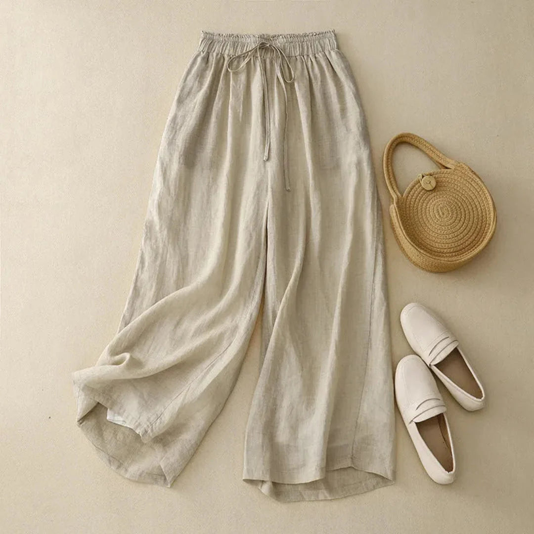 High-Waist Drawstring Wide-Leg Linen Pants Beige