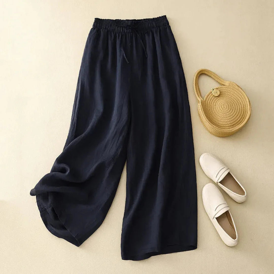 High-Waist Drawstring Wide-Leg Linen Pants Black