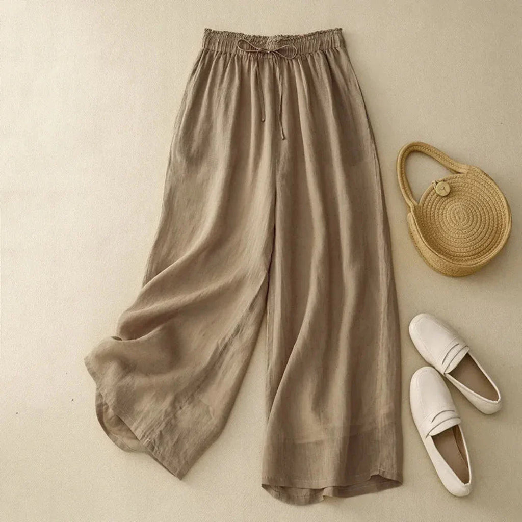 High-Waist Drawstring Wide-Leg Linen Pants Brown