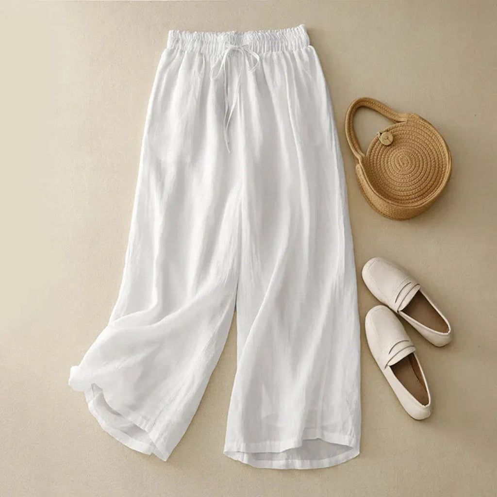 High-Waist Drawstring Wide-Leg Linen Pants White