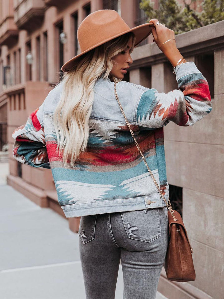Veste en jean tissée pour femme avec design géométrique aztèque contrasté
