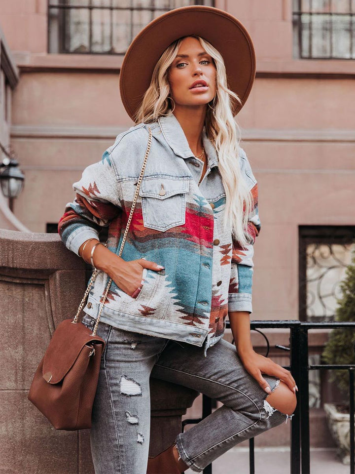 Veste en jean tissée pour femme avec design géométrique aztèque contrasté