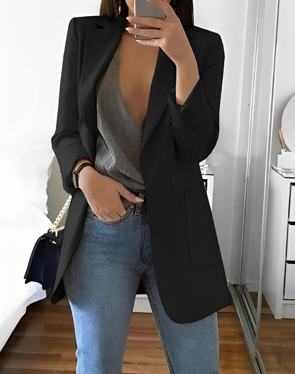 Casual Open Front Blazer For Women Lightweight Workwear Black