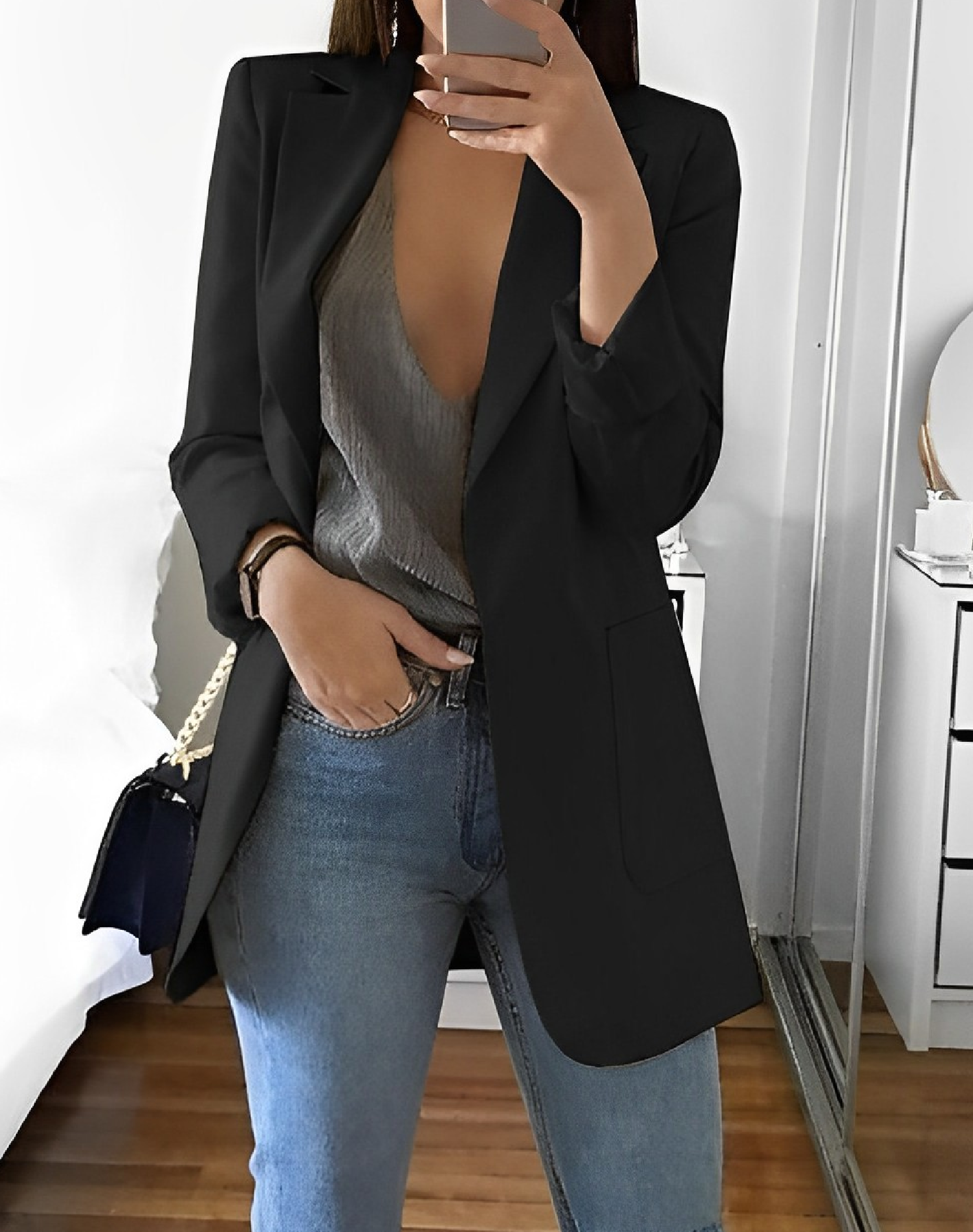 Casual Open Front Blazer For Women Lightweight Workwear Black