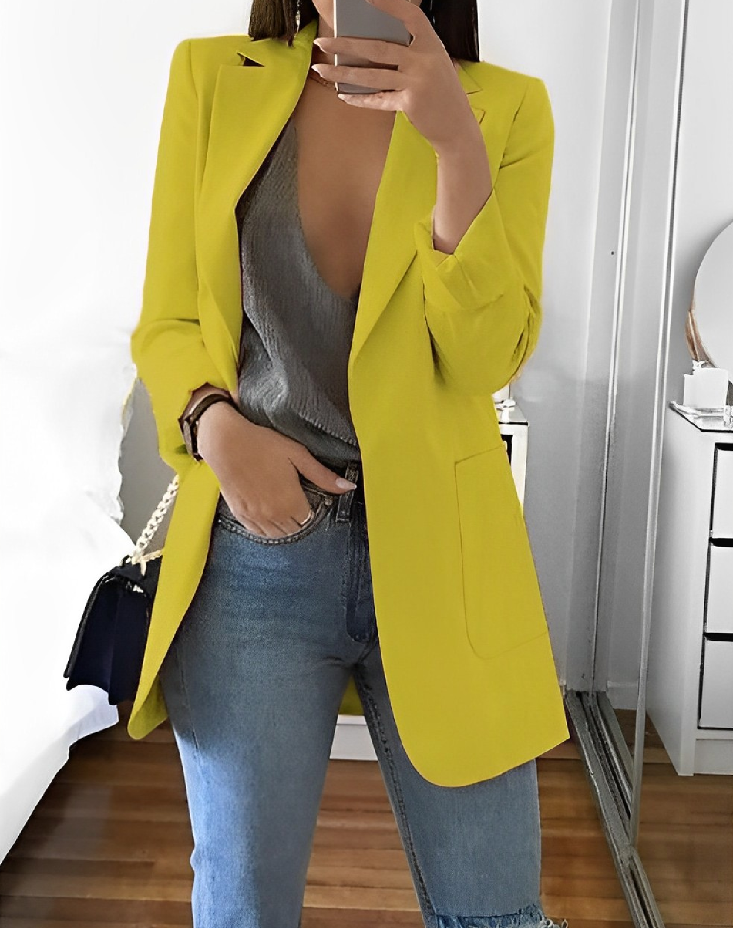 Casual Open Front Blazer For Women Lightweight Workwear Yellow