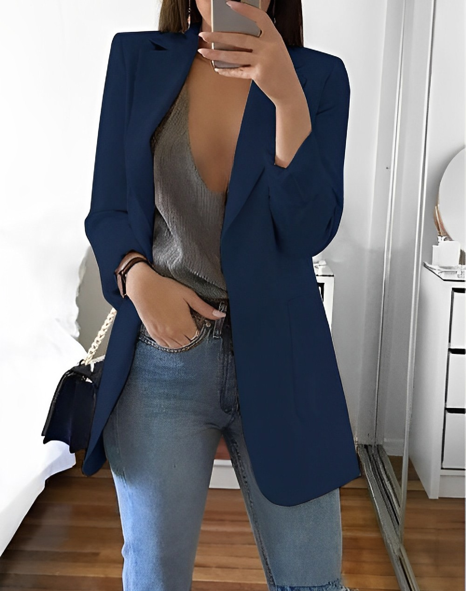 Casual Open Front Blazer For Women Lightweight Workwear navy blue