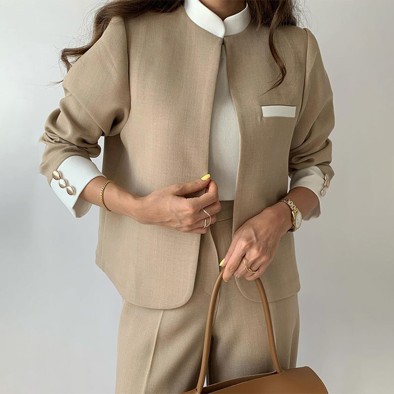 Women's Relaxed Fit Collarless Blazer & Pleated Straight Leg Trousers Set – Elegant Business Casual Beige