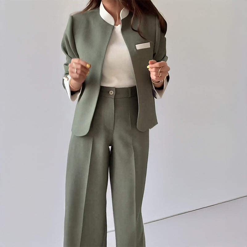 Women's Relaxed Fit Collarless Blazer & Pleated Straight Leg Trousers Set – Elegant Business Casual Gray