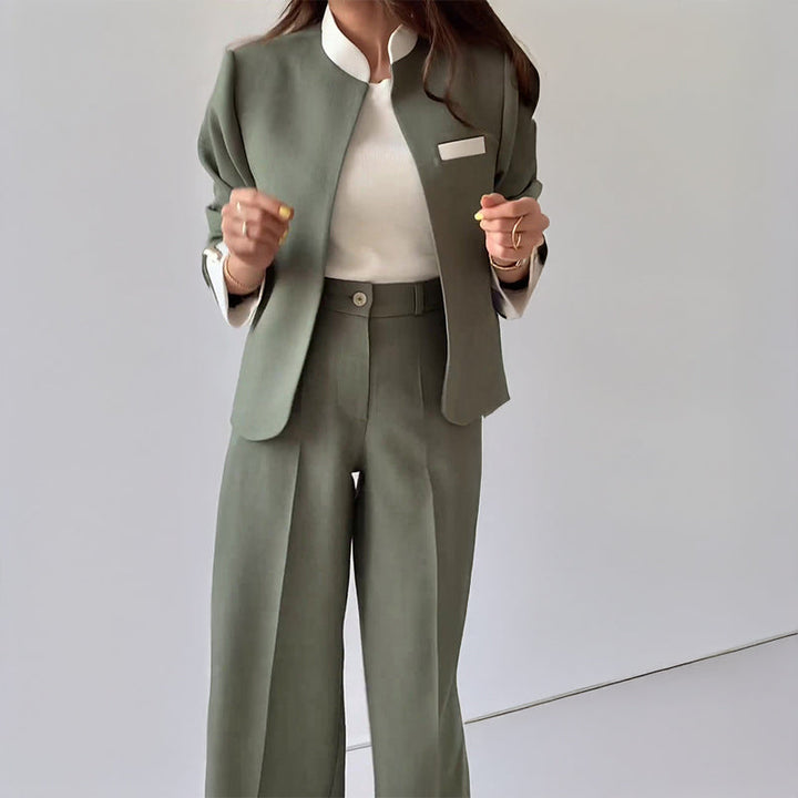 Women's Relaxed Fit Collarless Blazer & Pleated Straight Leg Trousers Set – Elegant Business Casual-MODAUTLET