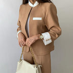 Women's Relaxed Fit Collarless Blazer & Pleated Straight Leg Trousers Set – Elegant Business Casual Khaki