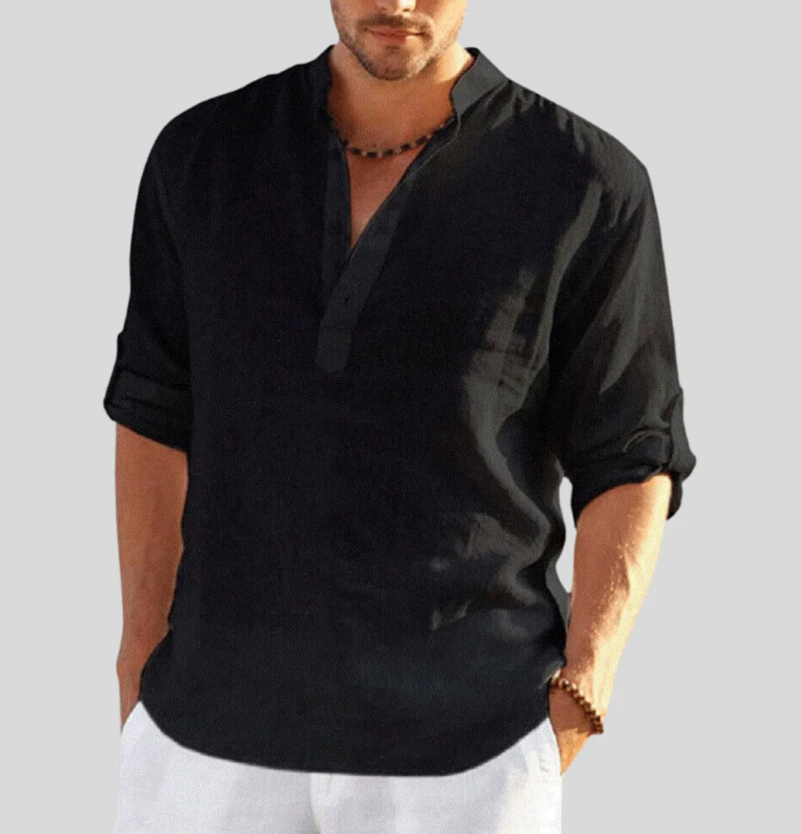 Elegant Linen Shirt With Collar For Formal And Casual Black