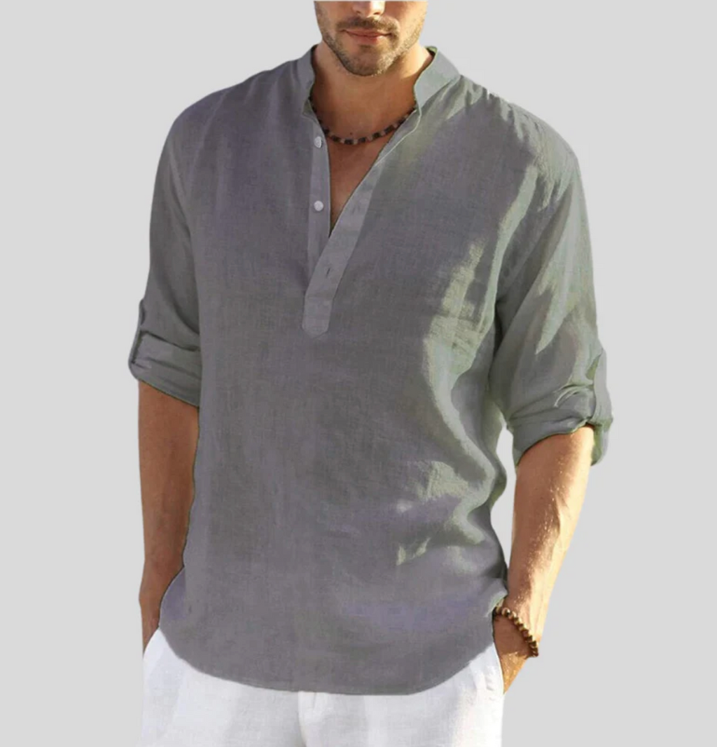 Elegant Linen Shirt With Collar For Formal And Casual Gray