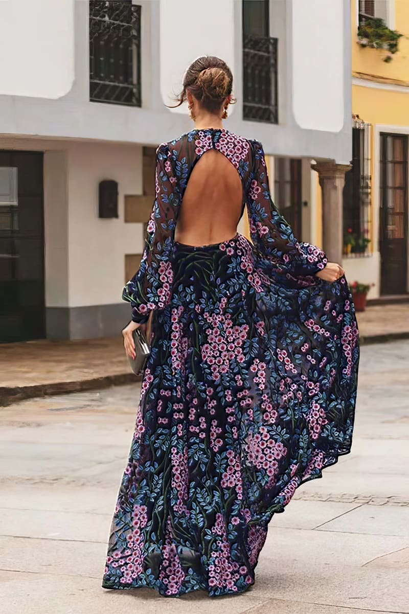 Vestido Maxi Boho Floral Preto para Mulher