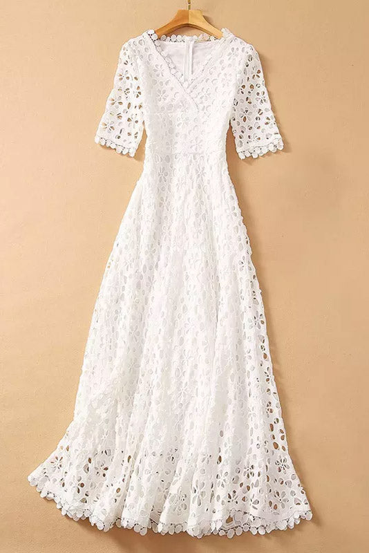 Dam Bohemisk Vit Spets Maxiklänning