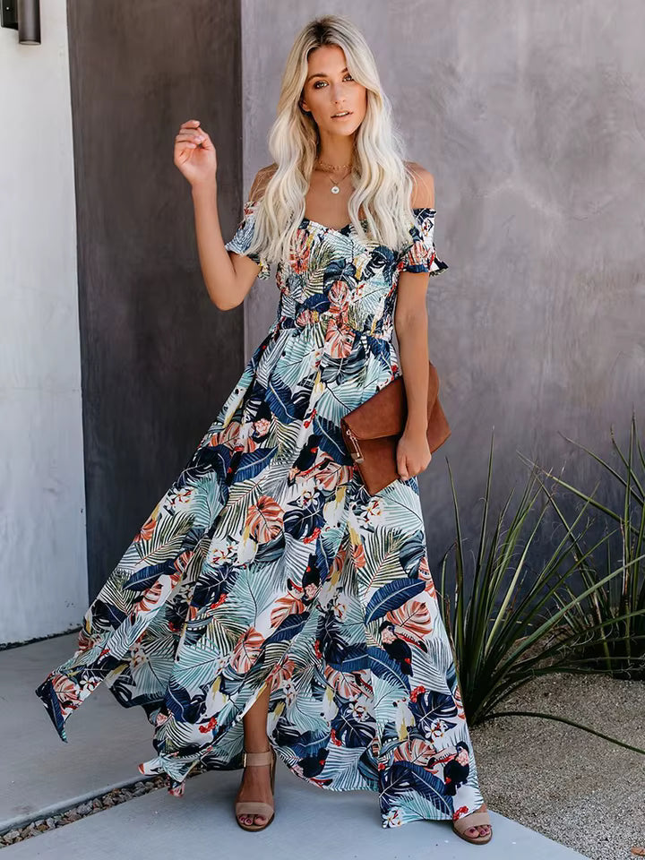 Vestido Maxi Boho Floral Ombros Descobertos para Mulher