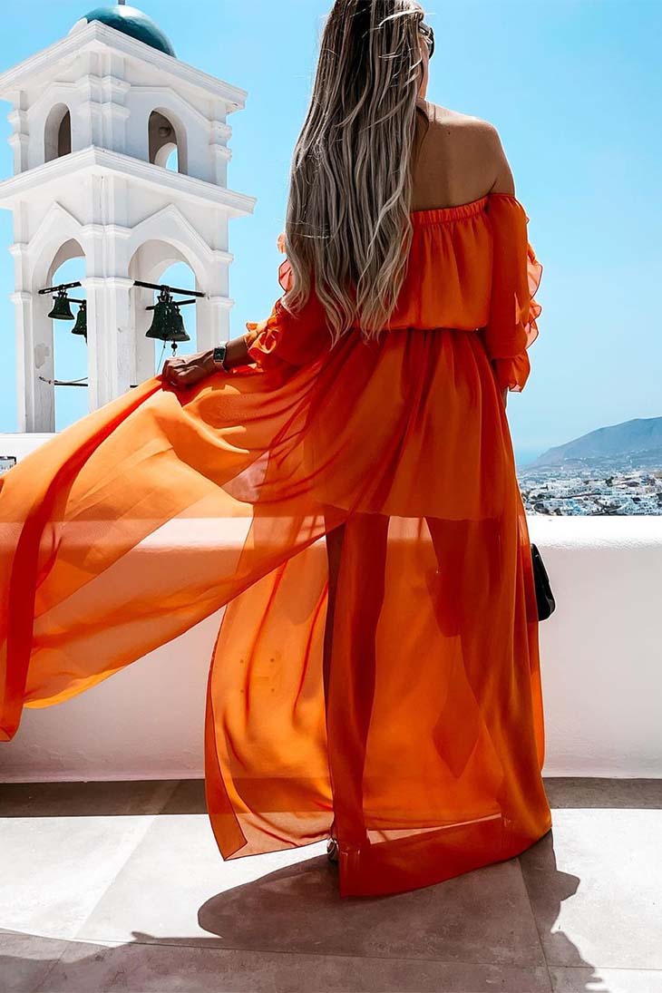 Vestido Maxi Boho Feminino em Laranja e Turquesa