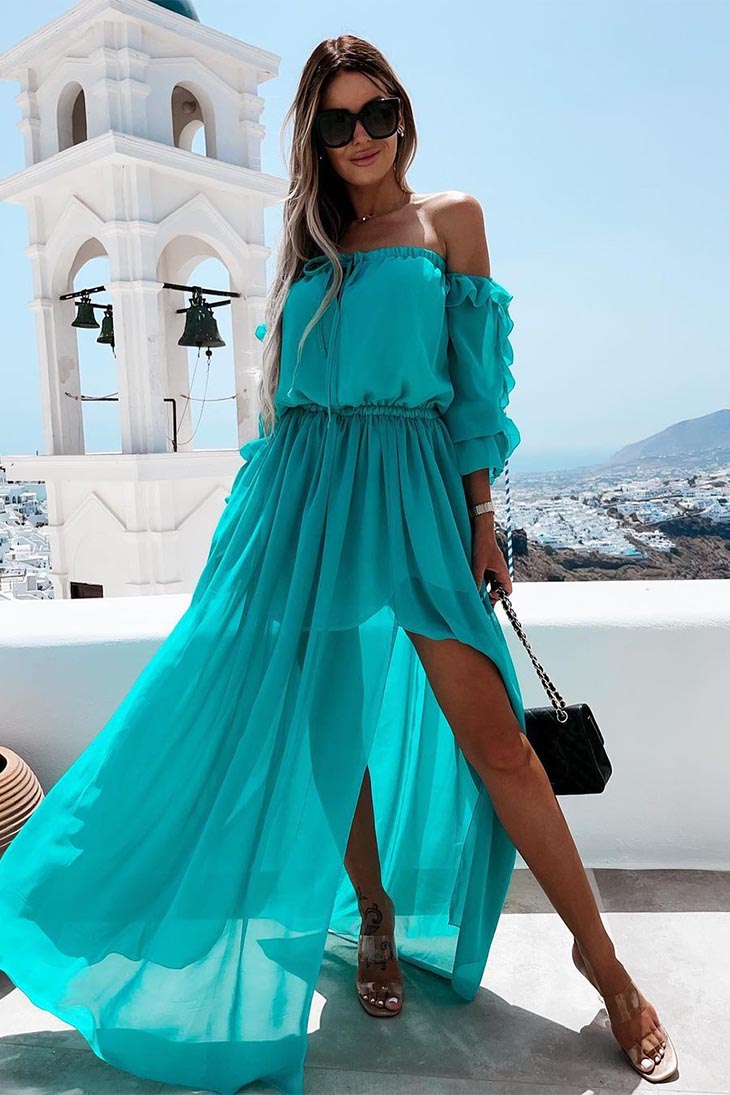 Vestido Maxi Boho Feminino em Laranja e Turquesa