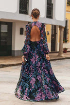 Vestido Maxi Boho Floral Preto para Mulher