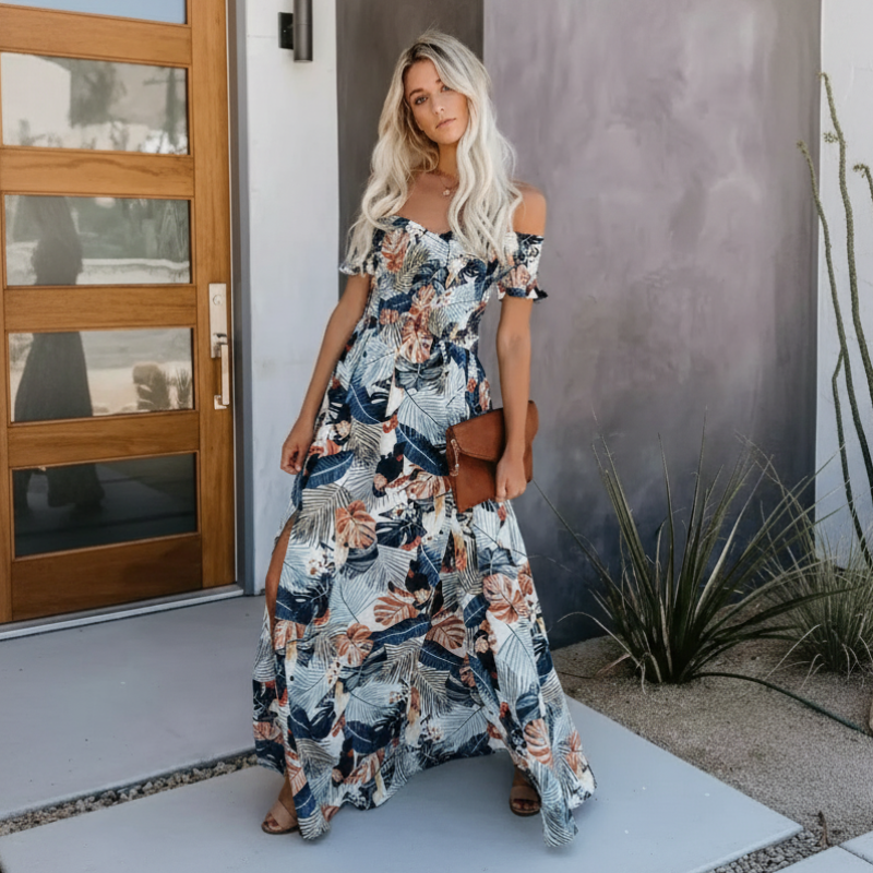 Vestido Maxi Boho Floral Ombros Descobertos para Mulher