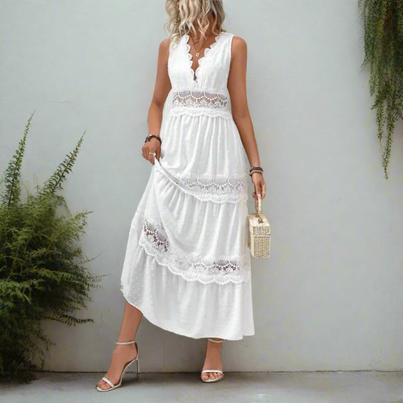 Women's White Lace Maxi Dress-MODAUTLET