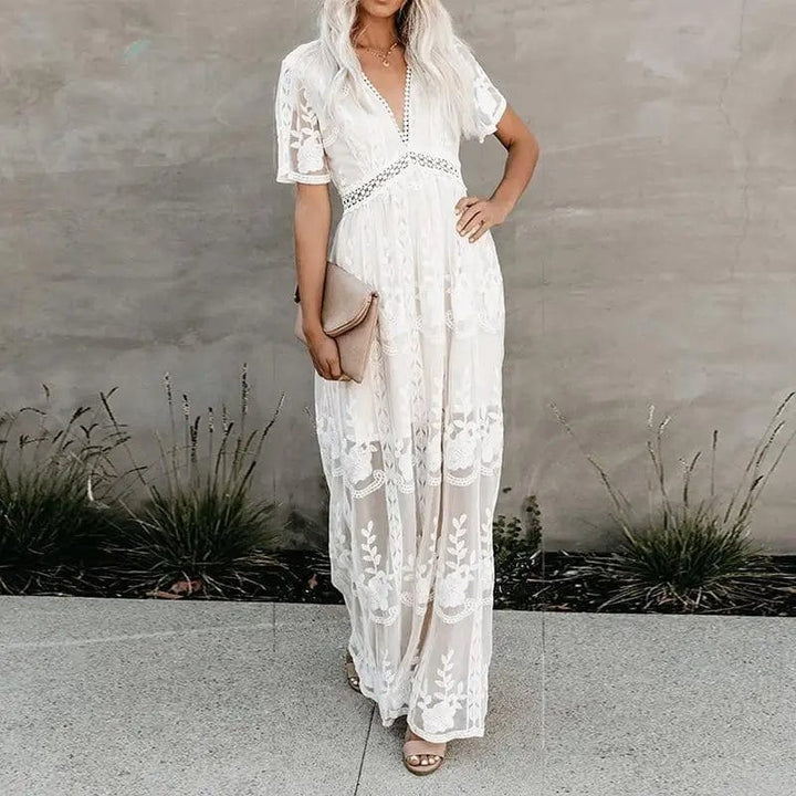 Women's White Short Sleeve Maxi Dress-MODAUTLET