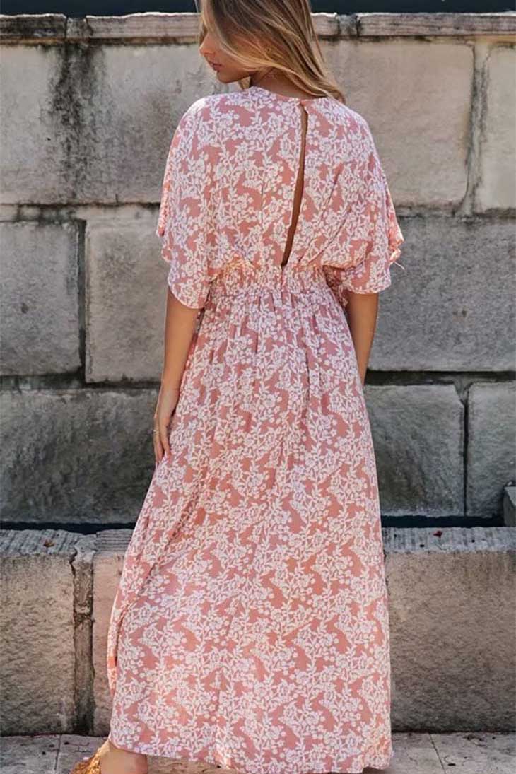 Abito lungo da donna rosa boho con fascia