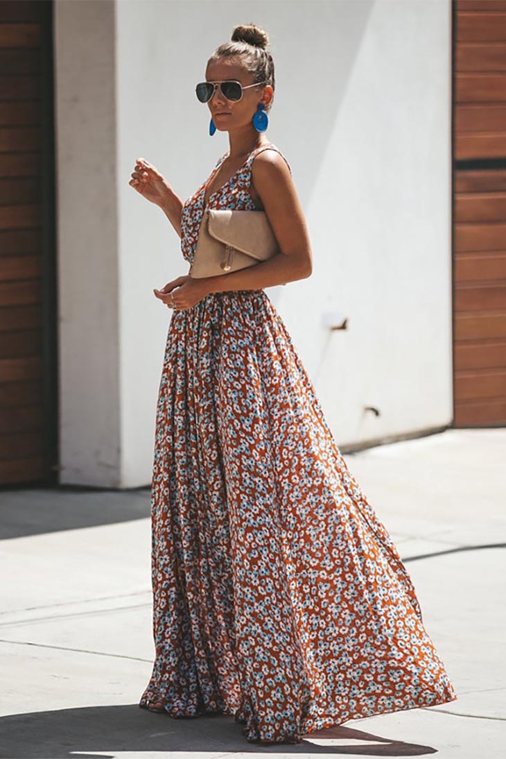 Vestido Maxi Boho Floral Pequeno para Mulher