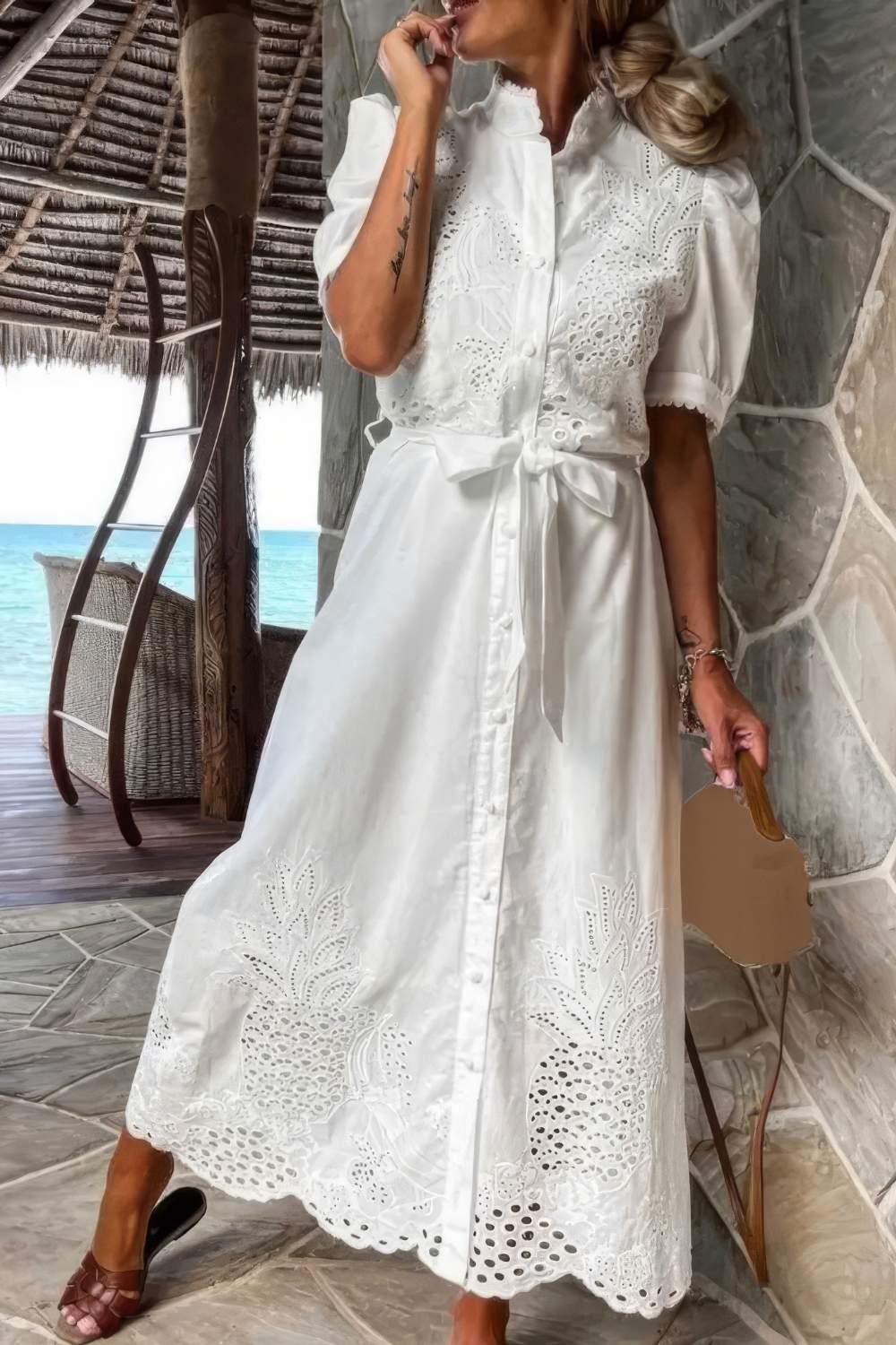 Women's White Maxi Dress with Button-Up Detail-MODAUTLET
